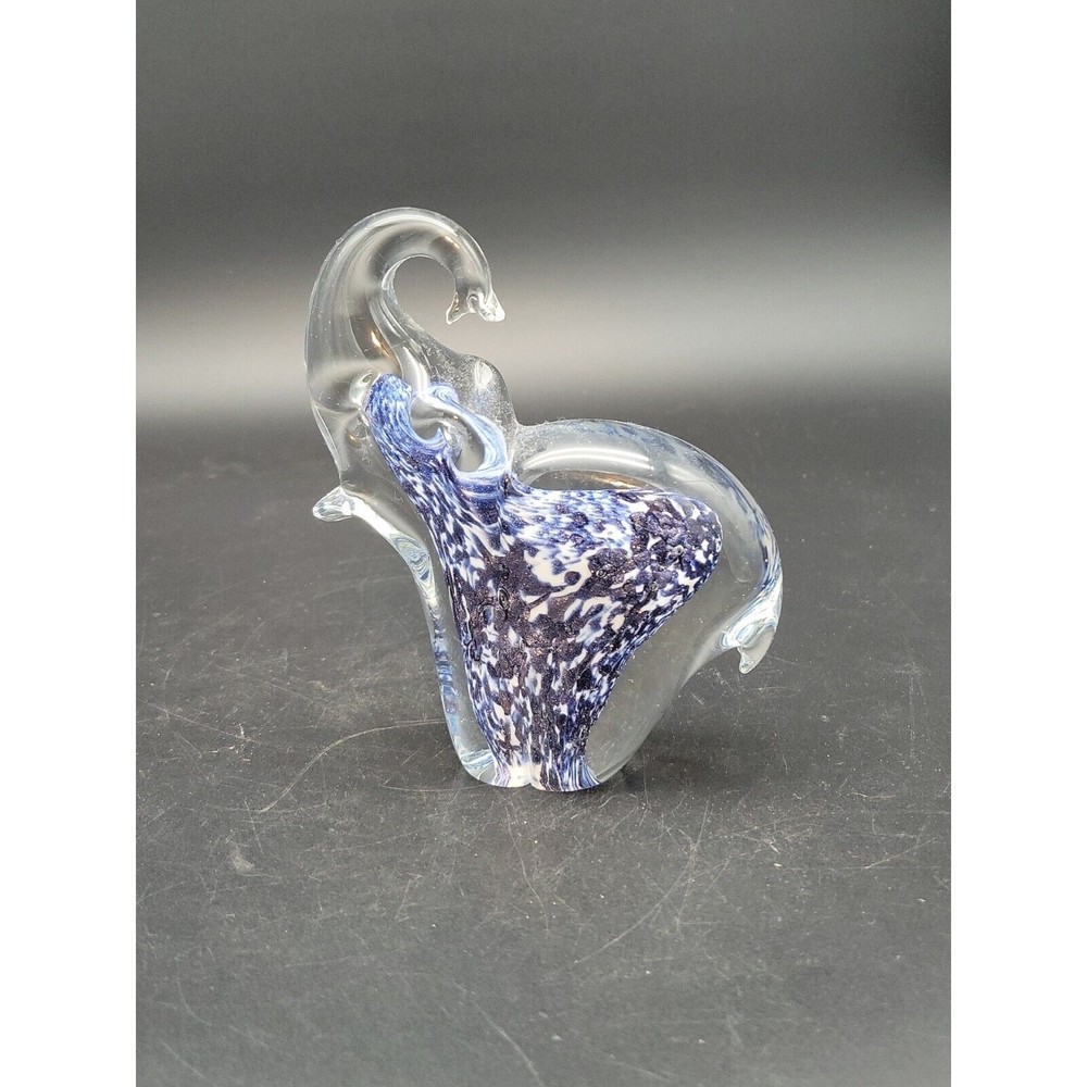 Blue White & Silver Elephant Paperweight Figurine 5" Trunk Up Sparkle Art Glass